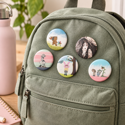 Cottagecore Art Pin Button Set | Five Piece Pack Original Design Wearable Accessory Gift Idea | Character Artwork Collectible Fashion