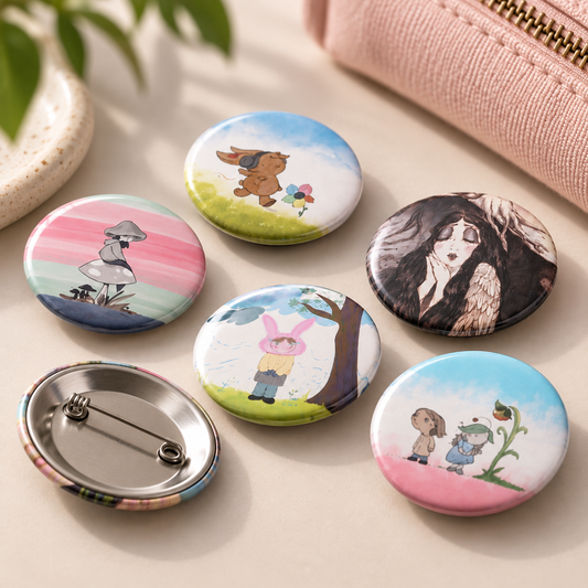 Cottagecore Art Pin Button Set | Five Piece Pack Original Design Wearable Accessory Gift Idea | Character Artwork Collectible Fashion