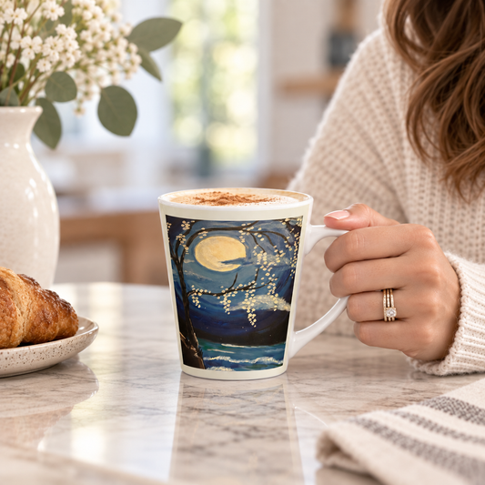Moonlight Blossom Art Mug | Asian Full Moon Floral Illustrated Cup | Latte Drinkware Gift for Sister